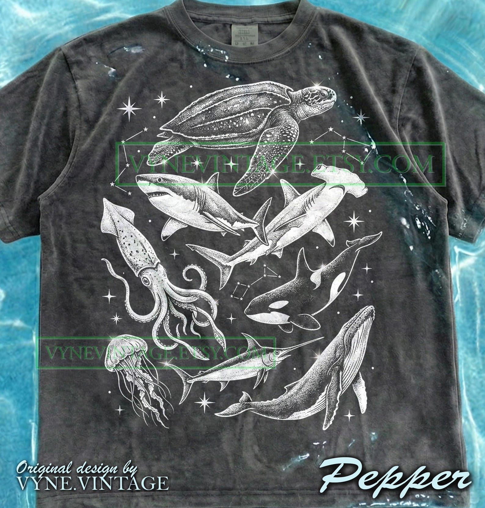 Celestial Ocean Comfort Colors® Tshirt, Vintage Shark Whale Tees, 90S Marine Life Sweater, Dark Academia Tanktop, Retro Sea Animal Gift L