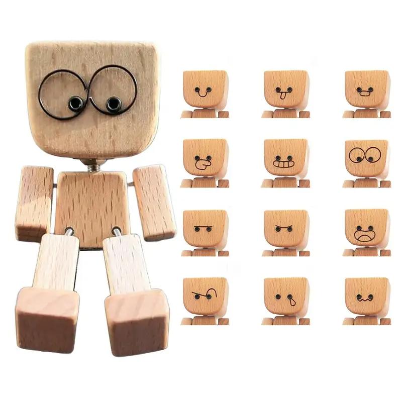 Wooden Man Figurine Shaking Wooden Man Figure Decoration Desktop Dashboard Funny Sculpture Ornament Includes 12 emoji pa