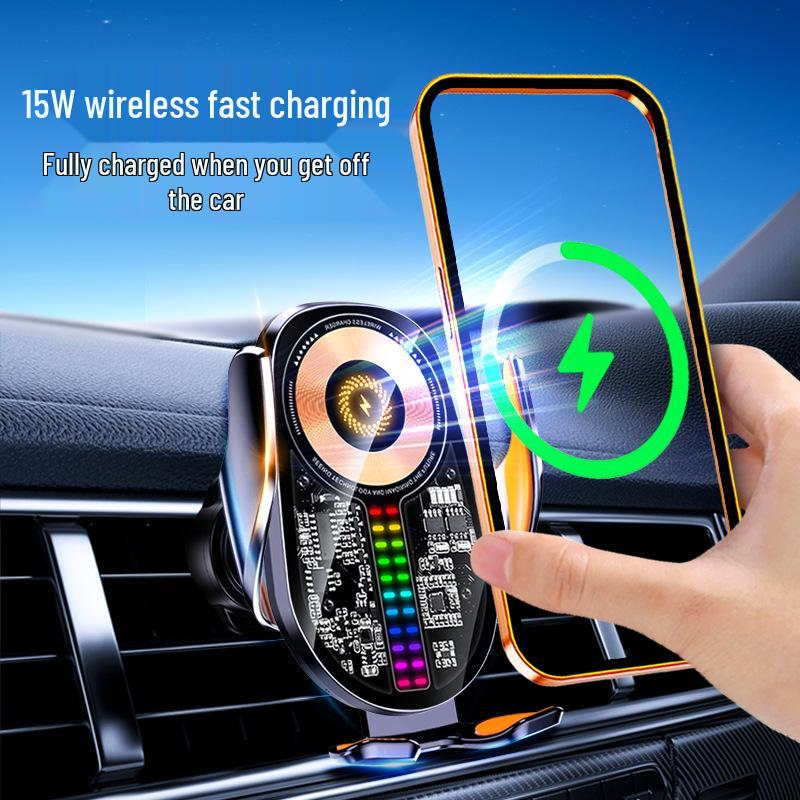 Q6 RGB Sound-Reactive Wireless Charging Car Phone Holder with Foldable Screen and Unobstructed Lens Design