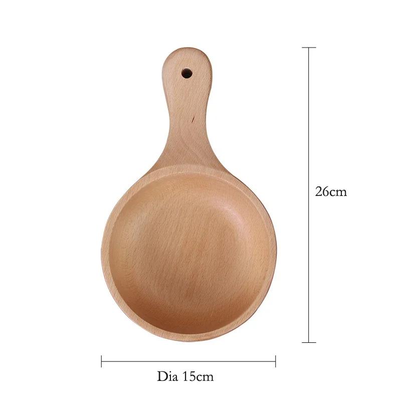 Beech Wood Salad Bowl with Handle Pasta Snack Fruit Bowl Japanese Style Serving Dishes Wooden Plate for Food Kitchen Tableware