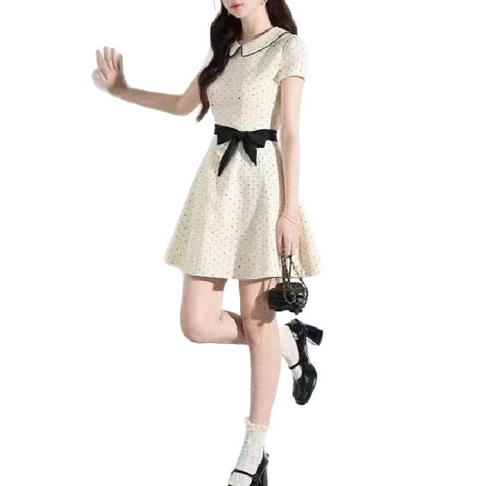 Doll Collar Sweet Apricot Polka Dot Dress Women's Summer Small Fragrant Wind French Pinched Waist Miu Small Foreign Dress A-word Skirt