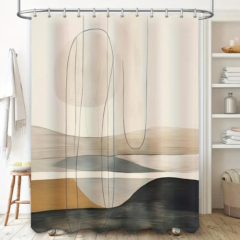 Minimalist Modern Bathroom Shower Curtain Set with Geometric Print Decorative Hanging Rod Included (Black Beige)