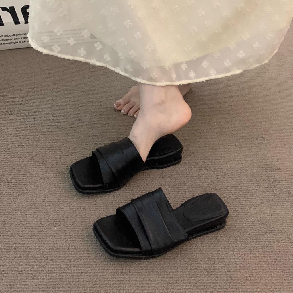 Late evening wind Mori retro brown wedge heel one-word slippers women's outerwear 2025 summer with skirts Birkencool slippers