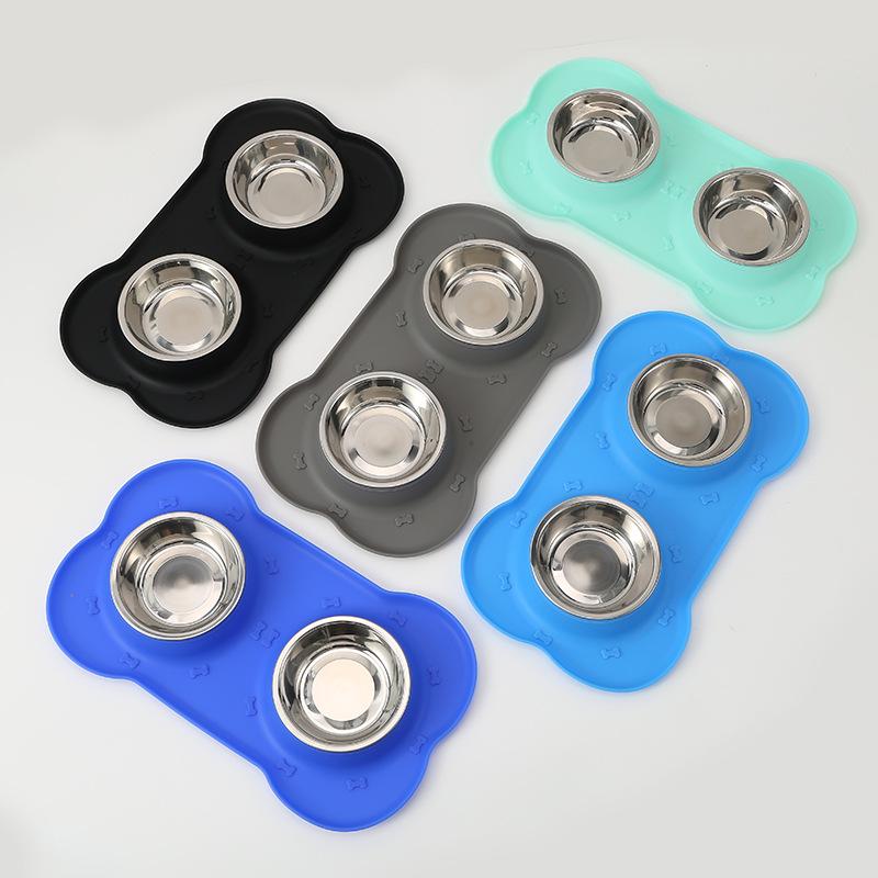 Bone-Shaped Non-Slip Silicone & Stainless Steel Dog Feeding Bowl - Food Grade, Anti-Spill Double Bowl for Pets