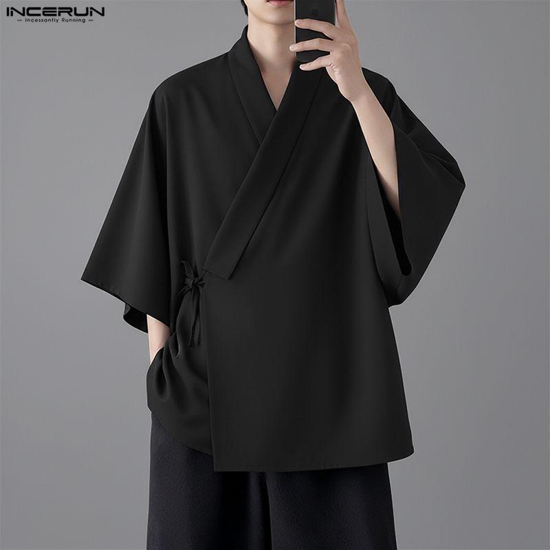 INCERUN Men V Neck Half Sleeve Side Lace-up Casual Loose T-shirts Tops