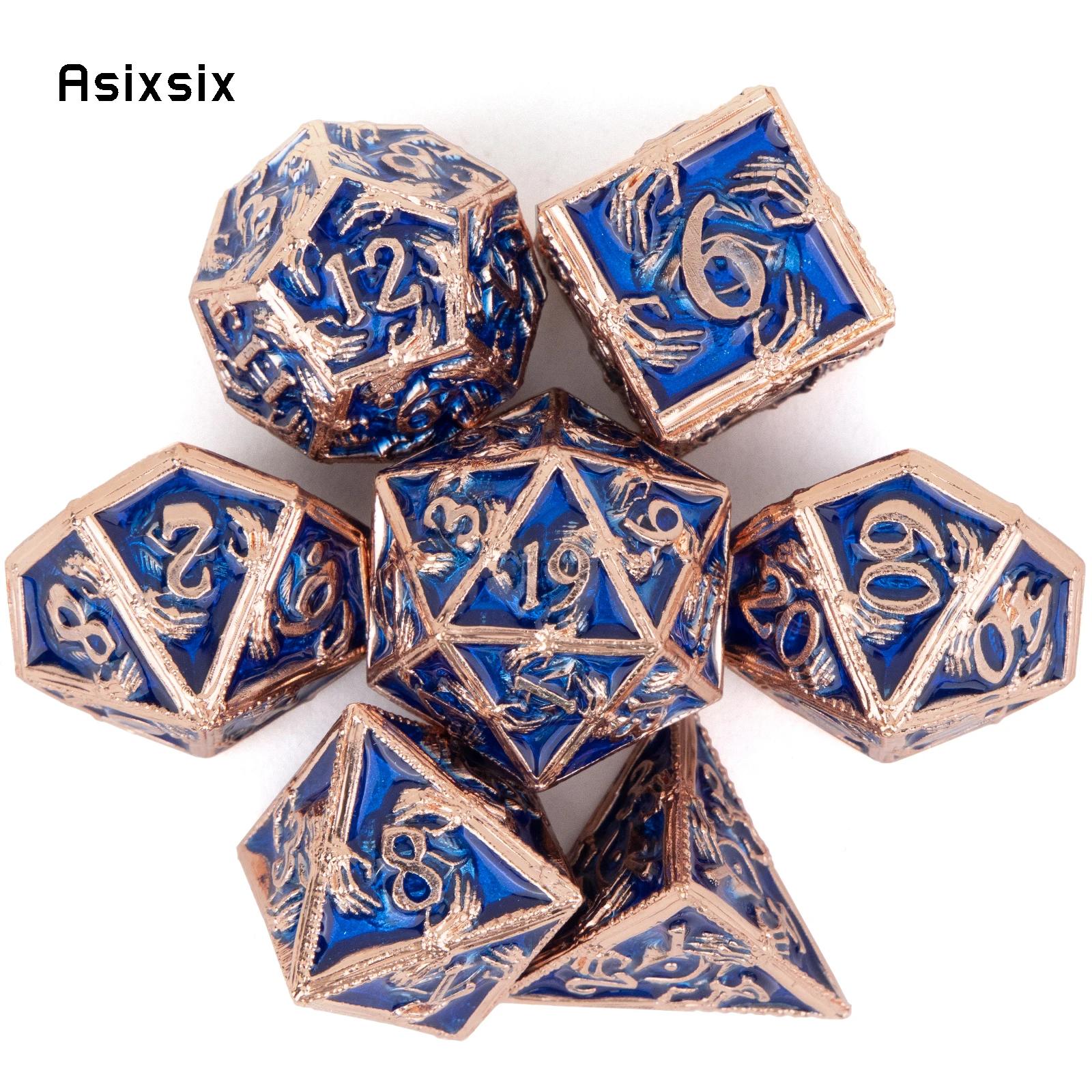 7 Pcs Golden Blue Hand Metal Dice Solid Metal Polyhedral Dice Set Suitable For Role-Playing Game
