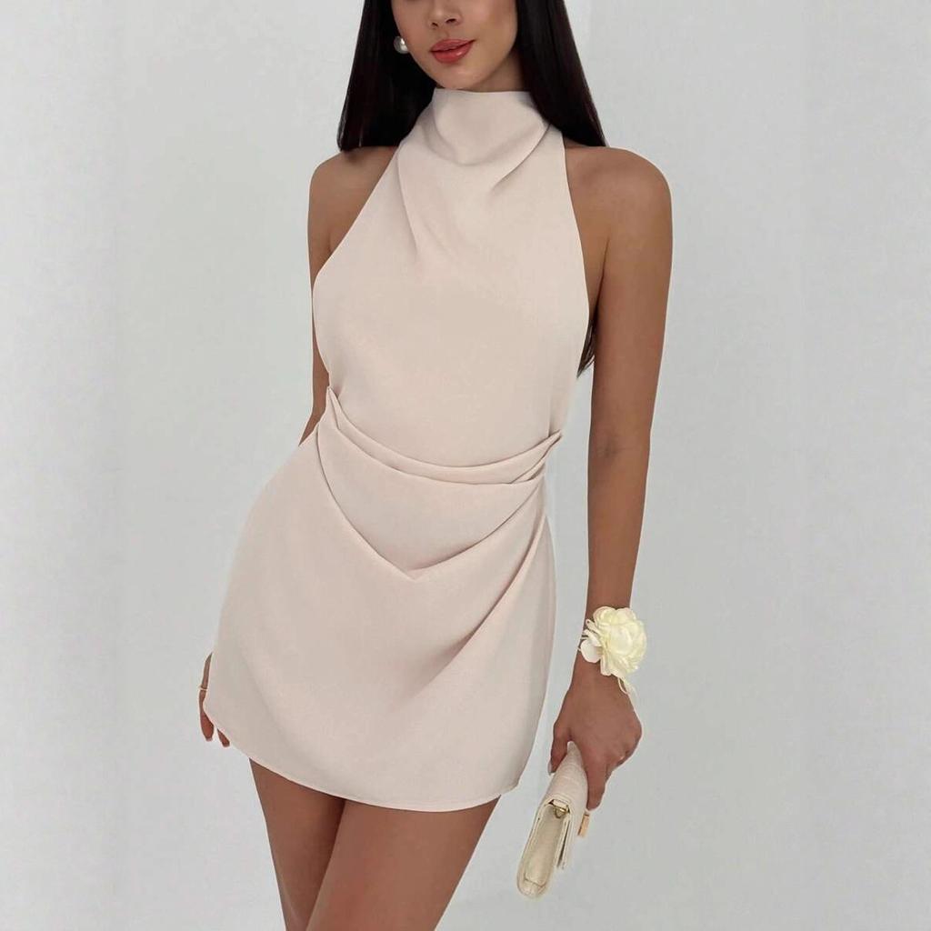Women's Satin Halter Neck Mini Dress Backless Draped Waist Sleeveless Elegant Cocktail Party Evening Clubwear Short Dress 4 Colors