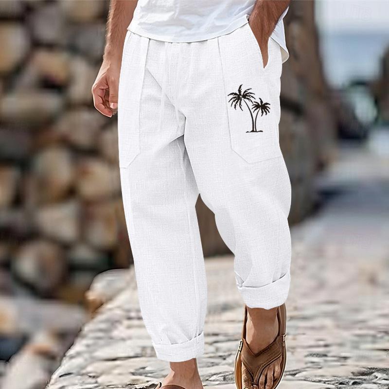New fashion casual beach trousers men's coconut tree print cotton and linen loose trousers