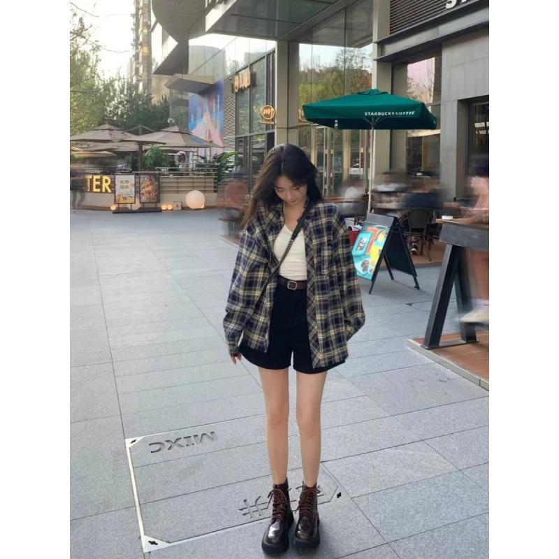 Damska Retro Koszula Kardigan Luźny Krój w Kratkę