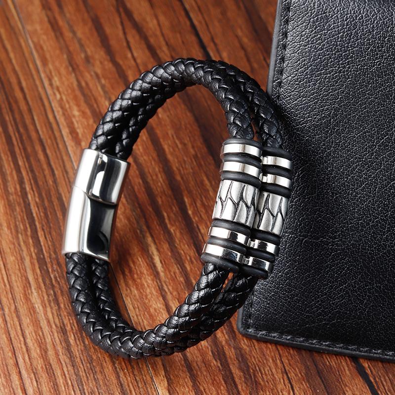 Modische 2-lagige Lederarmbänder mit Edelstahl-Magnet Trendiges mehrlagiges Armband Herren Schmuck Männliches Armband Großhandel Großmenge