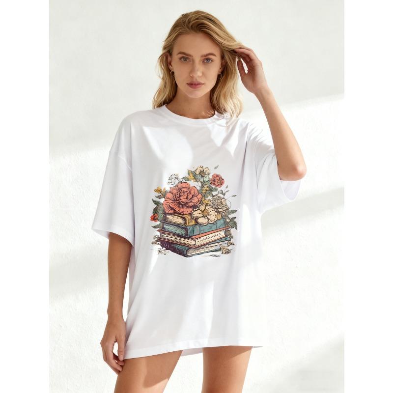 Black Oversized T Shirt With Stack Of Books And Flowers Print For Casual Wear And Reading Lovers