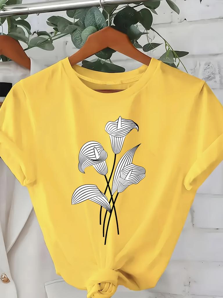 casual short sleeved T-shirt with artistic floral print in white and black minimalist design daily elegant style Fashionable