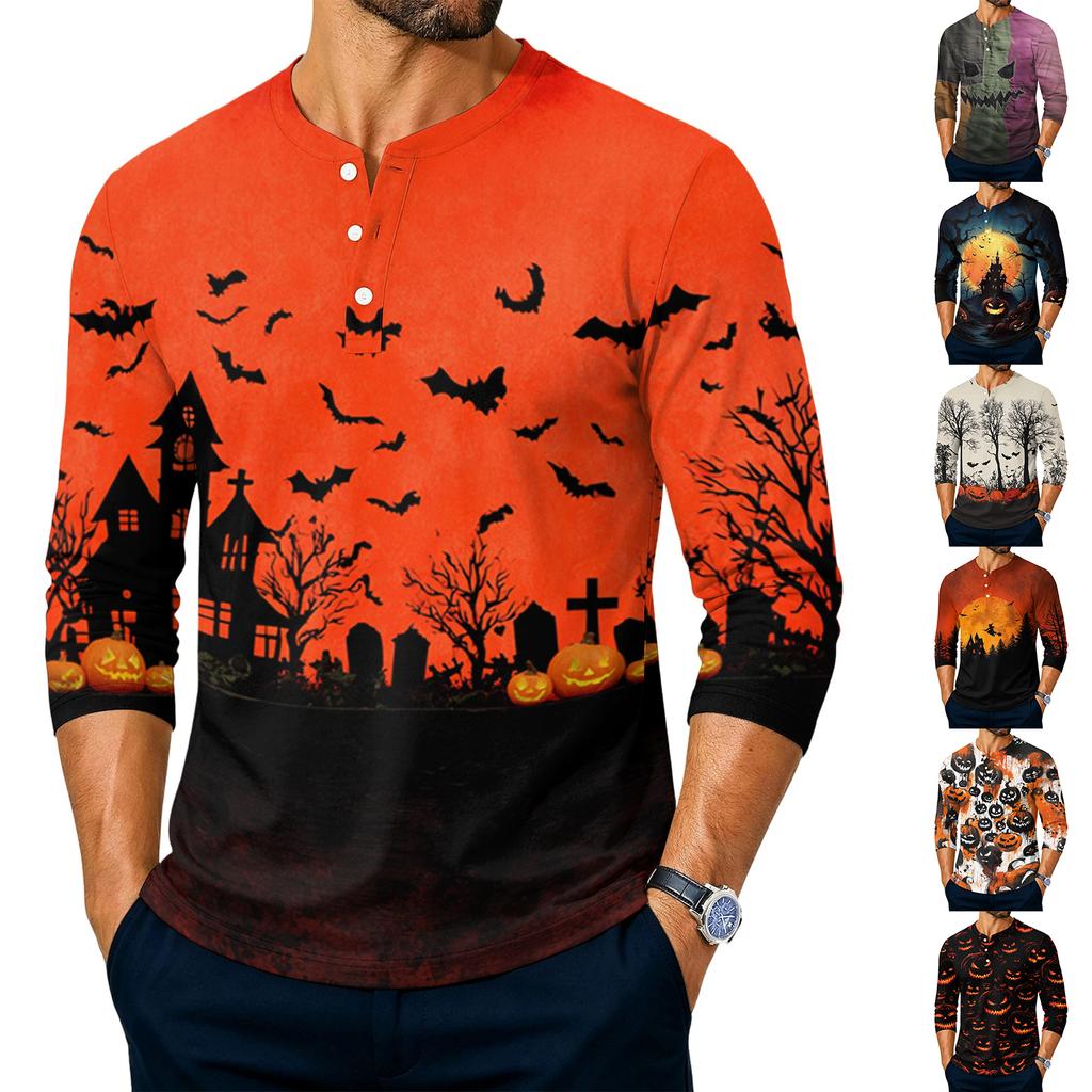 Men's Long Sleeve Tee with Halloween Print for Casual Wear