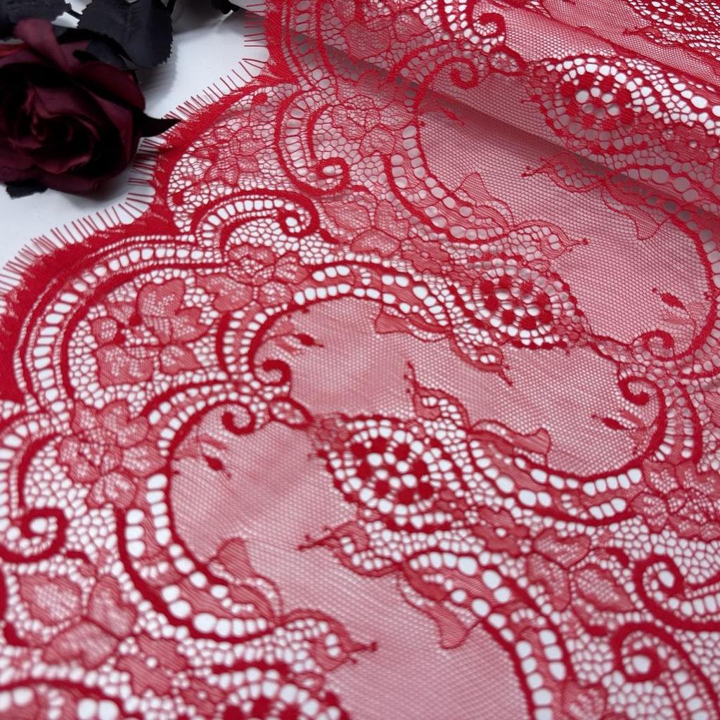 3m x 28cm Red Chantilly Lace, Inelastic French Eyelash Nylon Lace Fabric for Sewing, Bra, Underwear, Lingerie, Dress, Garment, Crafting
