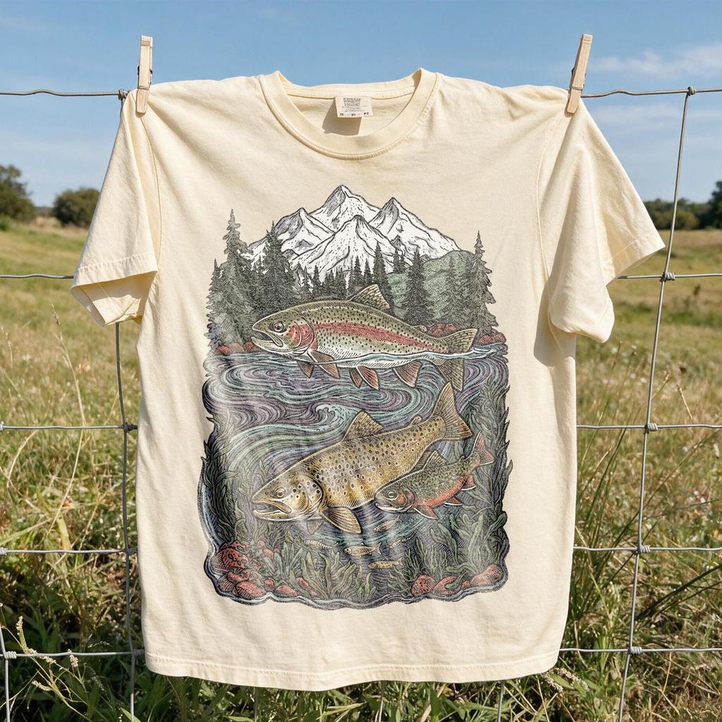 Retro Trout Fishing Graphic Tee, Mountain River Fish Shirt, Vintage Outdoor Wilderness Style Comfort Colors Top, Fly Fisherman Dad Gift