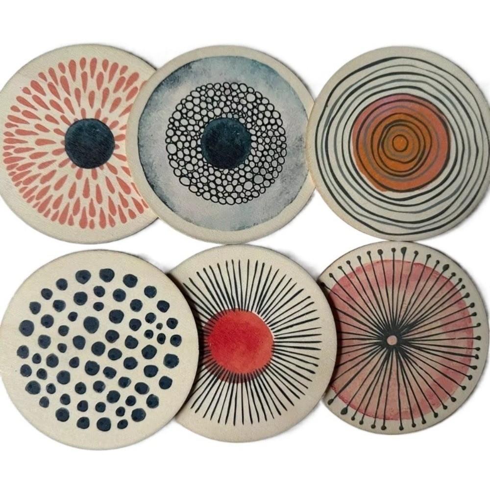 6 Peças/conjunto Porta-copos Circulares de Madeira com Padrão Redondo Ecológico Decorativo Antiderrapante Resistente ao Calor