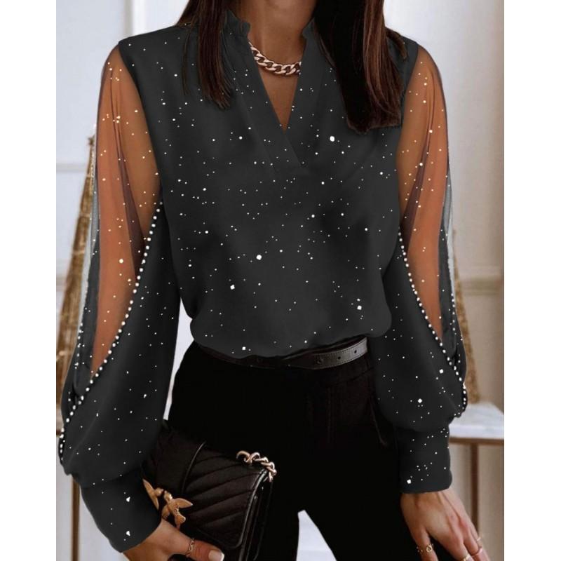 Womens V-Neck Lace Long Sleeve Blouse Elegant Office Wear Bubble Top