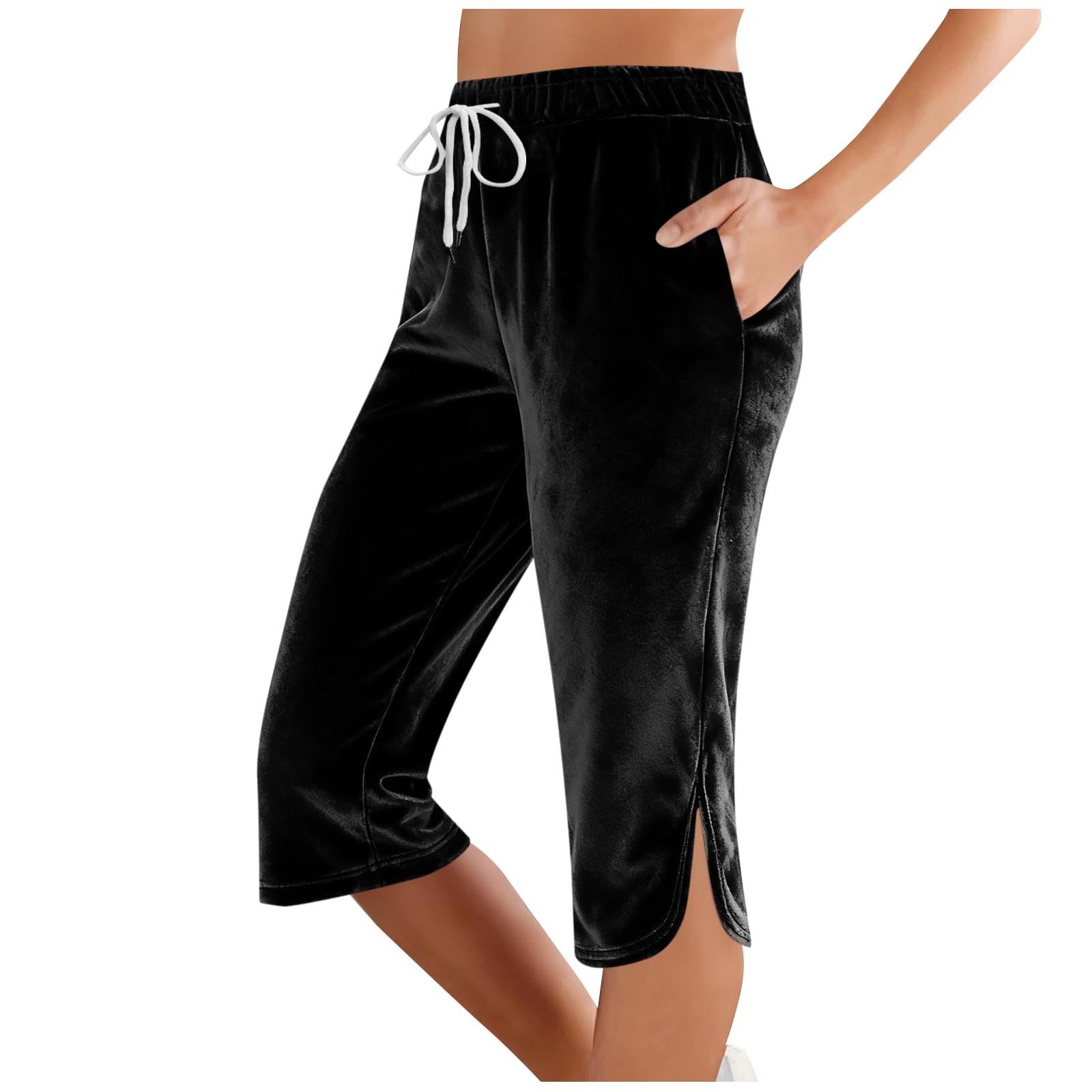 

Women s Fashion Color Elastic Waist Pocket Pants With Split Legs, High Waist Gold Velvet Seven Point Casual Pants M чорний