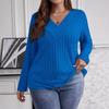 2025 Autumn/Winter Plus Size Solid Color V-Neck Long Sleeve Ribbed Pullover T-shirt