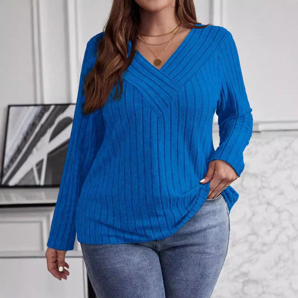 2025 Autumn/Winter Plus Size Solid Color V-Neck Long Sleeve Ribbed Pullover T-shirt