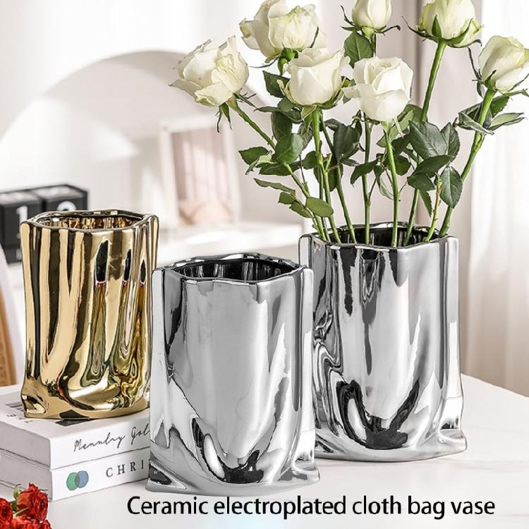 Decorative Electroplated Ceramic Vases With Handmade Pleats Living Room Decoration For Plant And Flowers