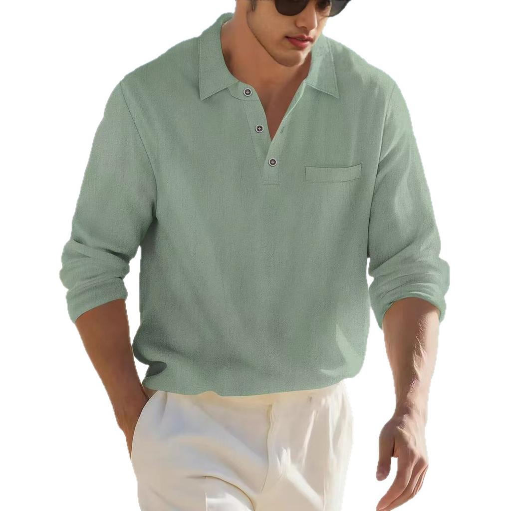 New Men's Cotton-Linen Blend Long-Sleeved Shirt Collarless Casual Loose-Fit Solid-Colour Linen Top Spring/Autumn Menswear