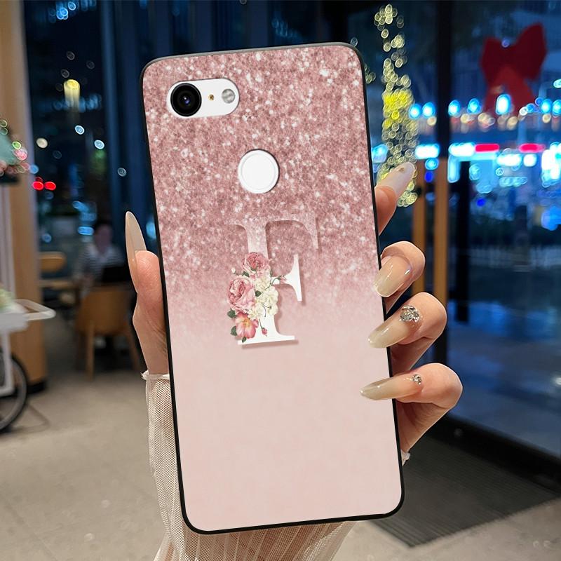 

Phone Case For Google Pixel 3 Soft Black Case For Google Pixel 3 XL Letter Pink Shiny A To Z With Flower Anti-scratch Casing Google Pixel 3