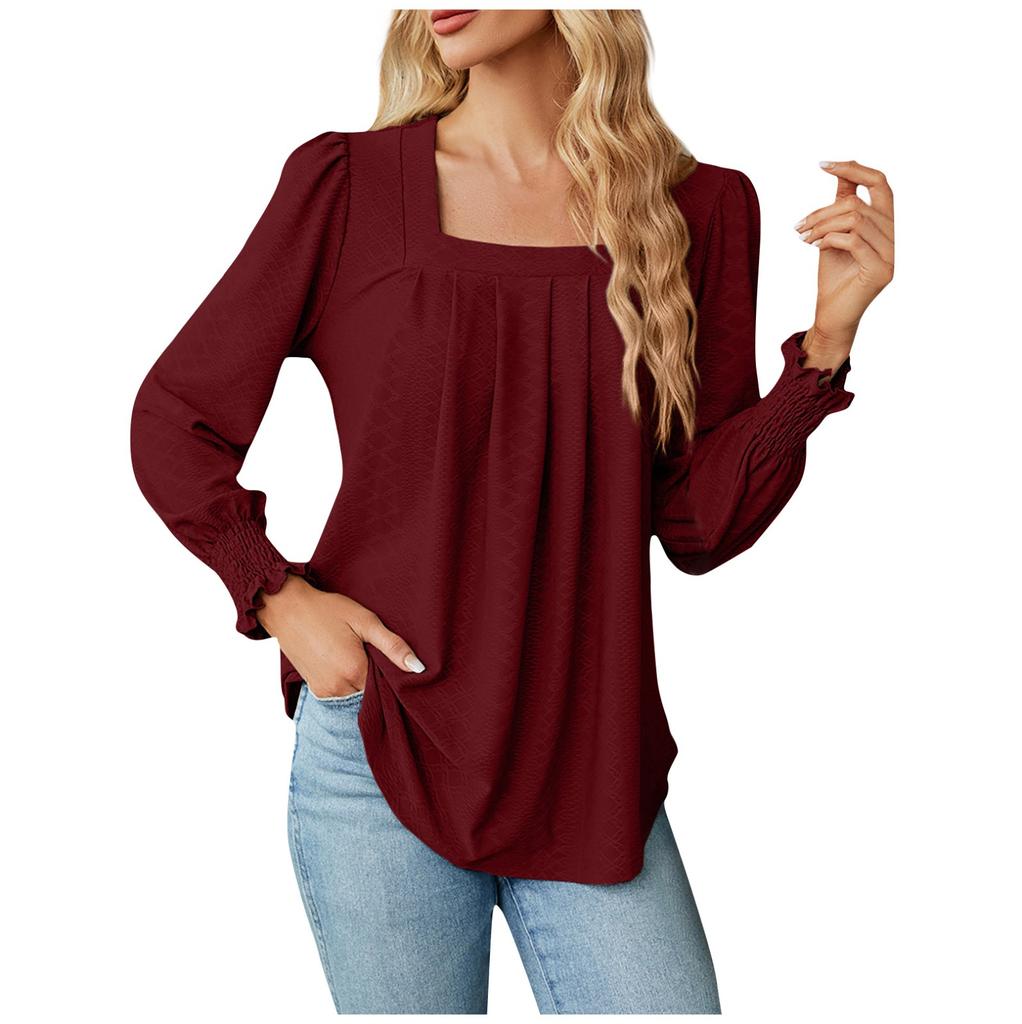 Women's Fashion Square Neck Color Pleated Long Sleeve Tuxedo Shirt Top