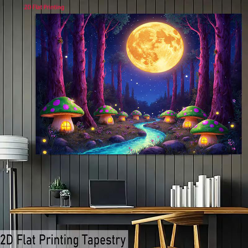 2D Mystical Night Tapestry, Magical Forest with Mushroom Cottages & Full Moon Backdrop