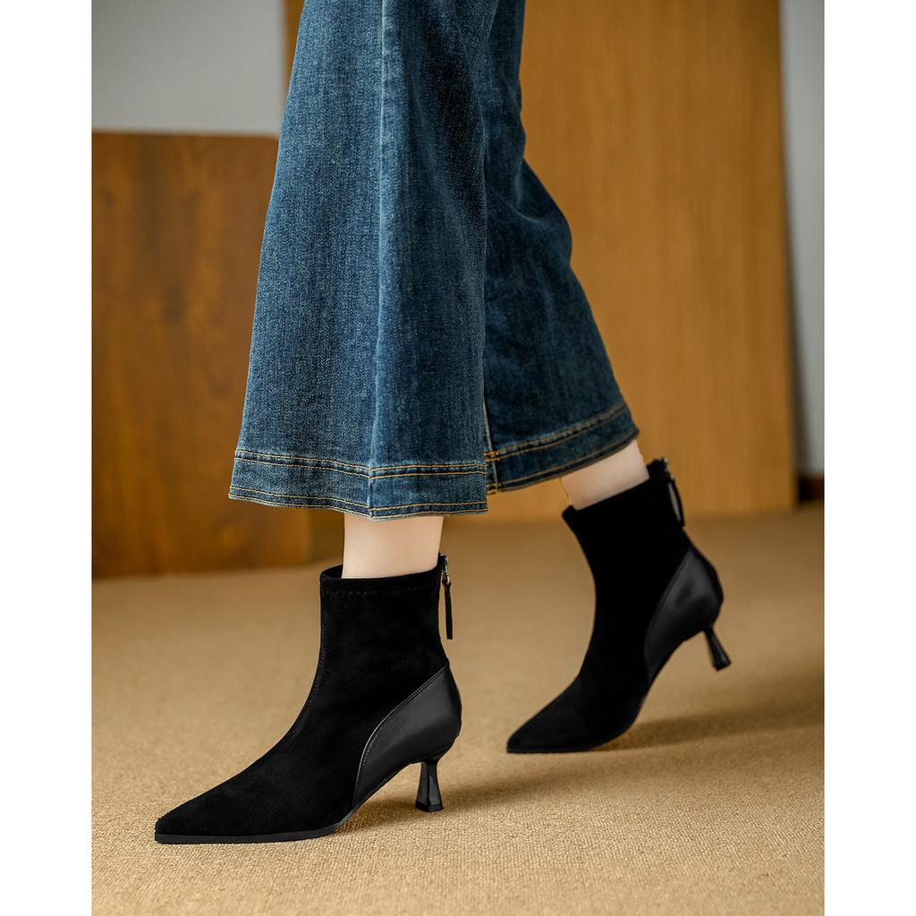 High Heel Short Boots Thin Heel Pointed Skinny Boots Suede Splicing Coffee Boots Medium Boots