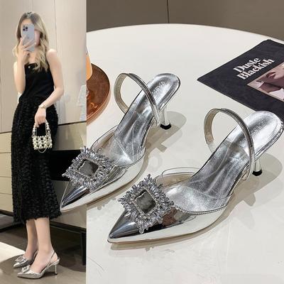 2024 Marca de Moda Sandalias de Tacón Alto de Color Sólido para Mujer Sandalias de Hebilla Cuadrada de Cristal Zapatos de Fiesta Slingback de Punta para Mujer