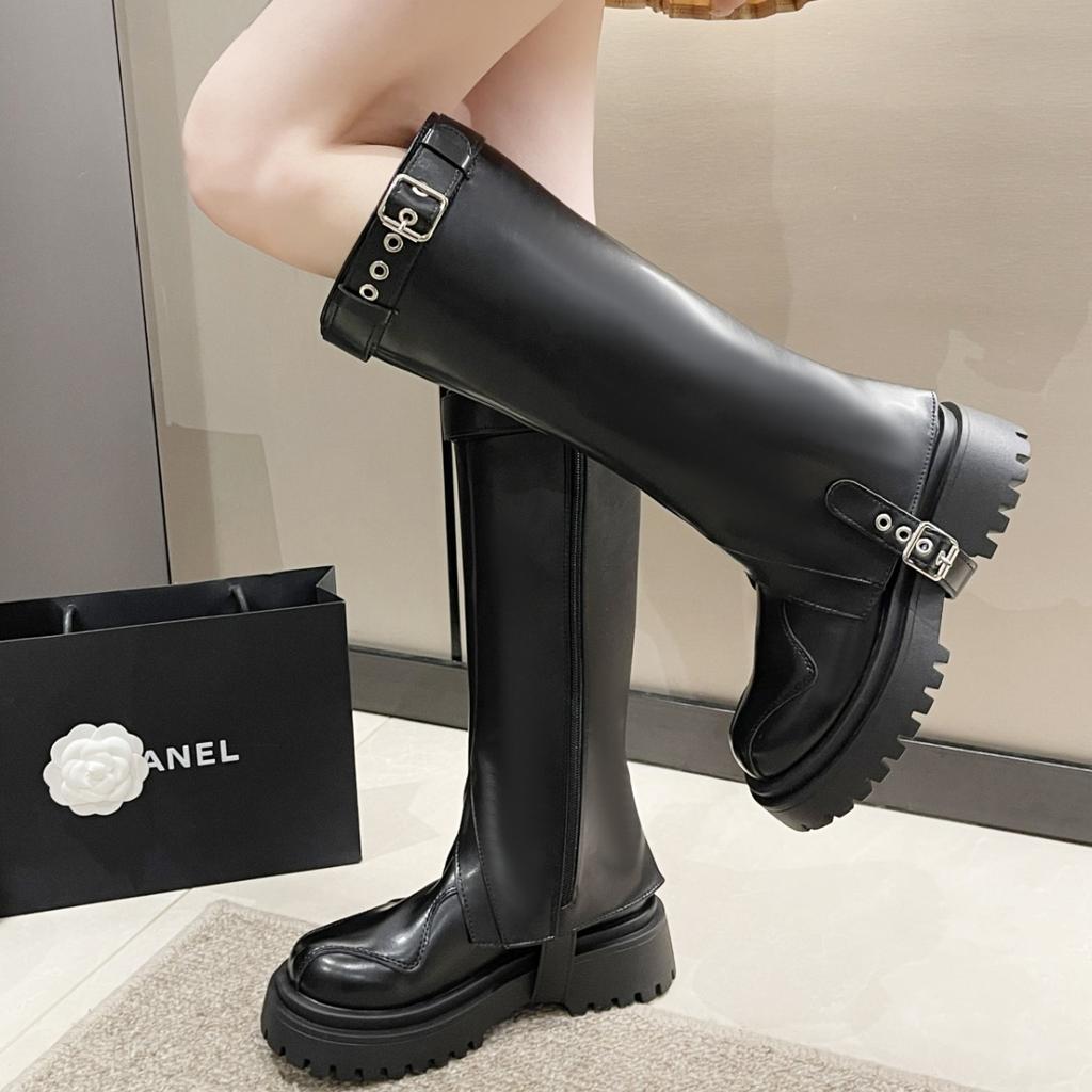 Women Knee High Boots  Autumn and Winter , New British Style Thick Soled Double Leg Boots with Belt Buckles and High Boots