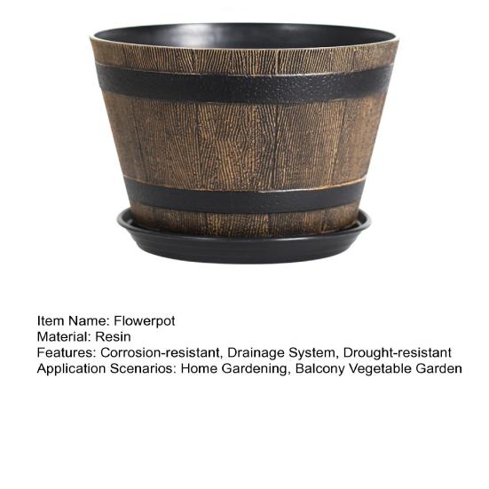 Yousheng Rustic Barrel-Style Round Planter, Wood-Inspired Finish Resin Planter with Built-In Drainage System, for Outdoor Patio And Garden