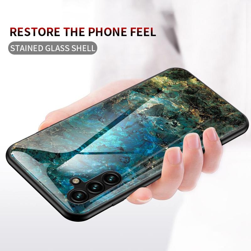 

For Samsung Galaxy A54 5G Marble Pattern Printing Tempered Glass+PC+TPU Hybrid Cover Anti-scratch Phone Case Emerald Marble