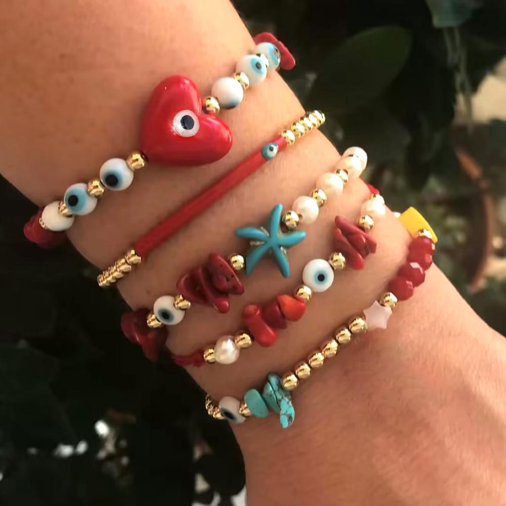 Ximang Fashionable Red Coral Bead Bracelet Set With 2026 Heart Gold Plated Detailing Adjustable Size for Gift