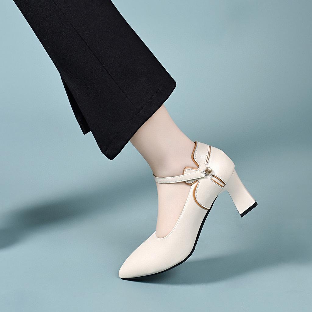 Pointed high heels women's spring new one-word with flowers shallow mouth fashion shoes simple temperament women's work shoes