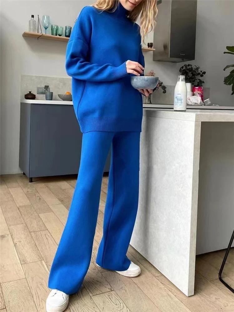 High-Quality Solid Color Knit Set: Women's High Neck & Wide Leg Pants Two-Piece for Autumn/Winter 2025
