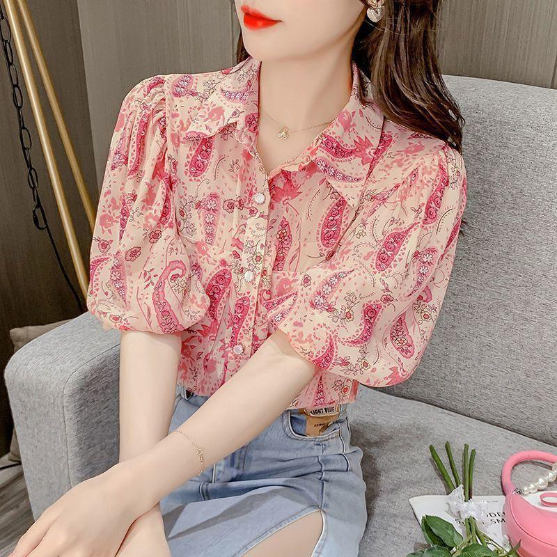 Bubble Sleeve Floral Chiffon Shirt for Women in Spring and Summer Niche French Style
