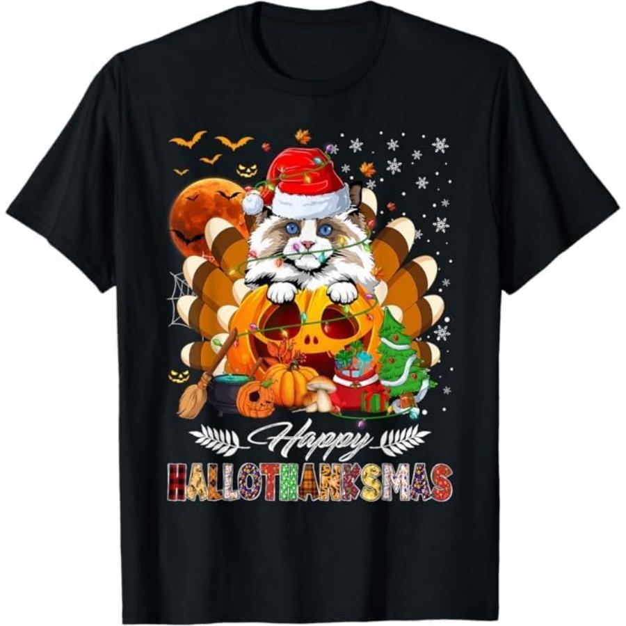Ragdoll Cat Lover Halloween Thanksgiving Xmas HalloThanksMas T-Shirt Mali Mens Womens Tank Top Sweatshirt Hoodie 355 Black S