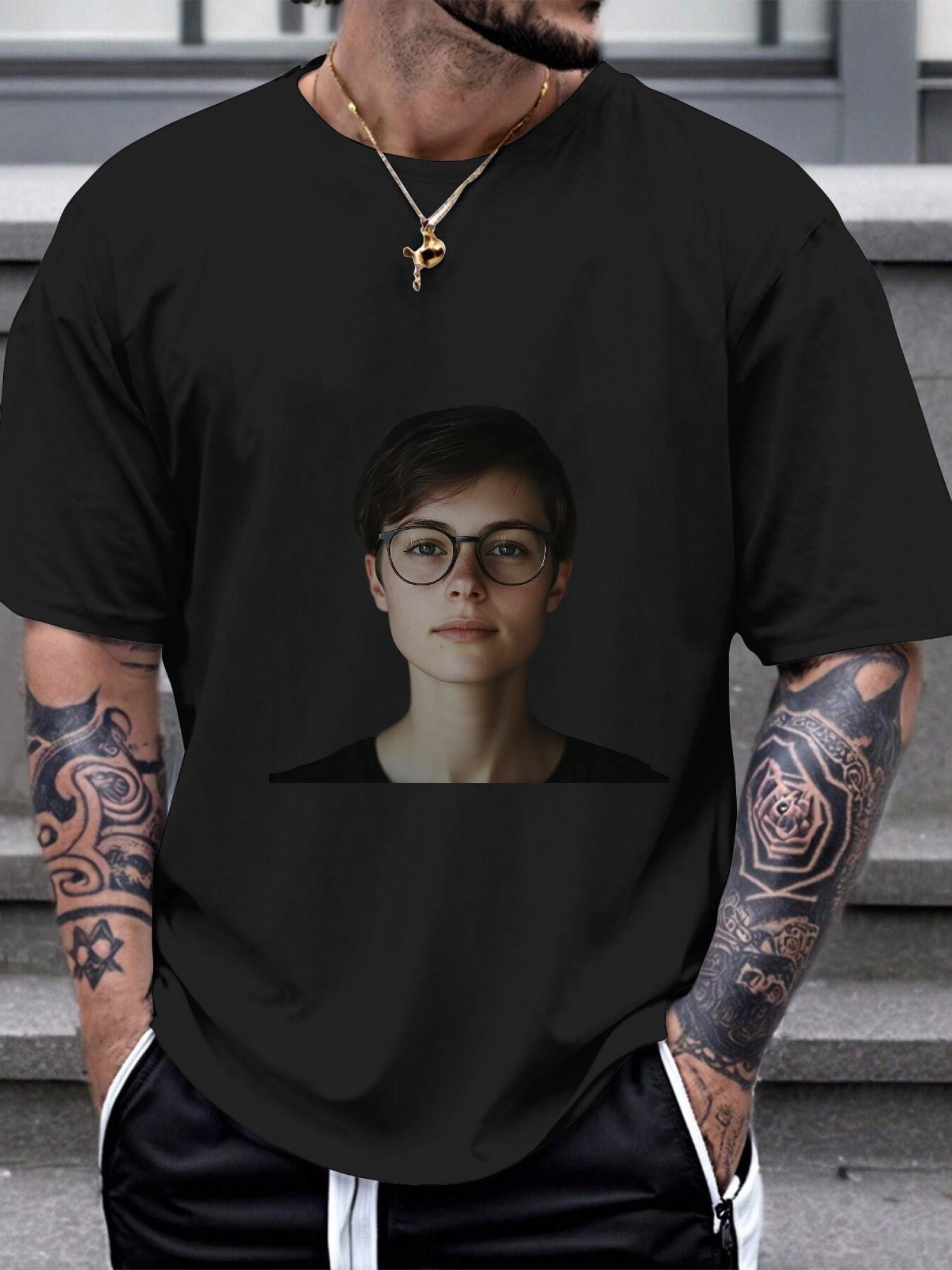 

1pc rectangular black frames serious expression T-shirt XL
