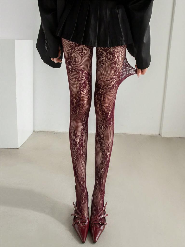 Damen Burgunderrot Rose Netzstrümpfe Hohe Elastizität Bequem Retro Chic Netzstrumpfhosen Für Stilvolle Streetwear Shopping