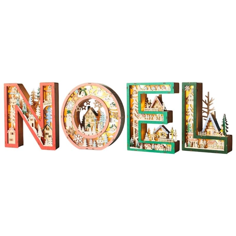 

Wood Carved Letter Table Lamp Hollowed Wooden LED Light Christmas Decoration for Mantels Tabletop Shelf Entryway Display 1