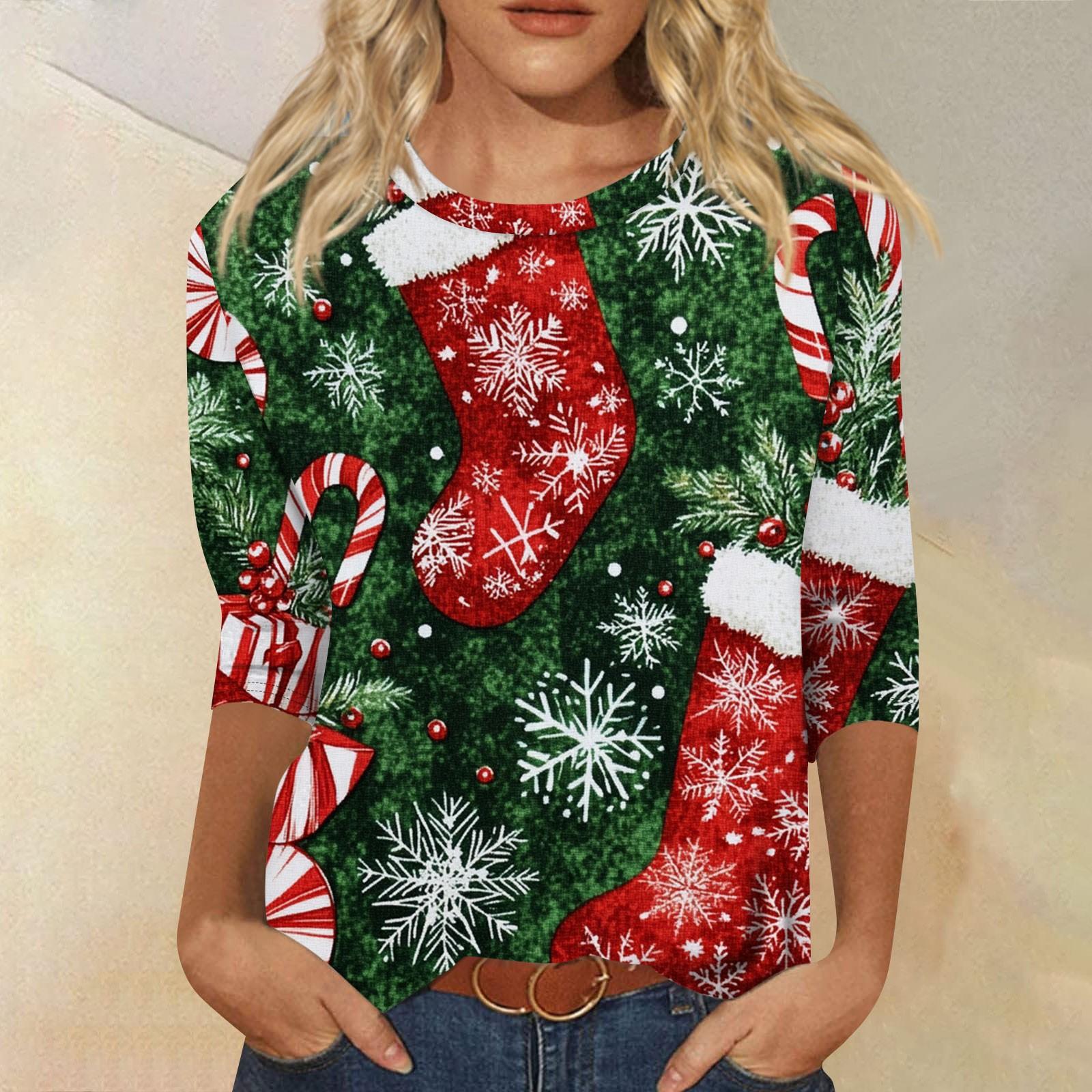 

Жіночий модний повсякденний різдвяний топ із сімома рукавами та круглим вирізом XL зелений