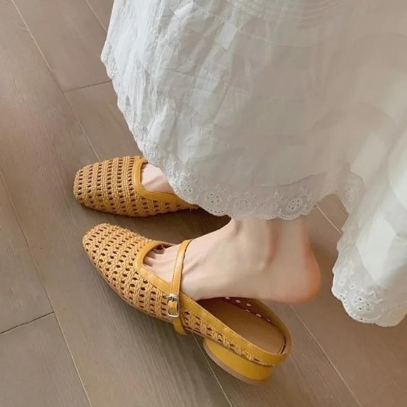 Fashion Heightened Hollow Baotou Half Slippers Women's Summer Wear Casual Woven Sandals Sandals Beach Sandals