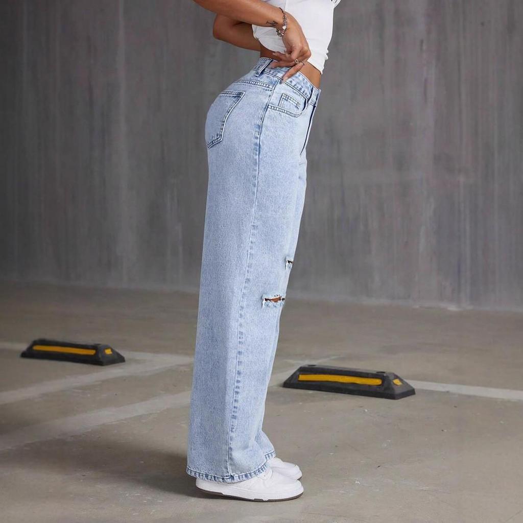 2025 Women's Light Blue Wide-Leg Washed Jeans