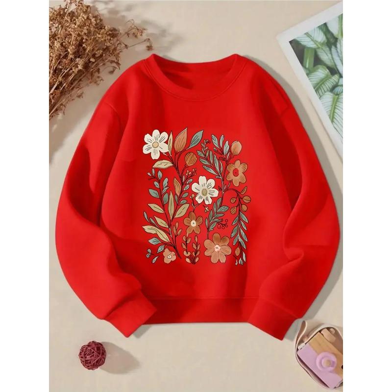 Girls' Crewneck Sweatshirt - Floral Pattern with Warm Tones And Machine Washable, Spring And Autumn, Sportswear And Casual Wear, Soft And Comfortable