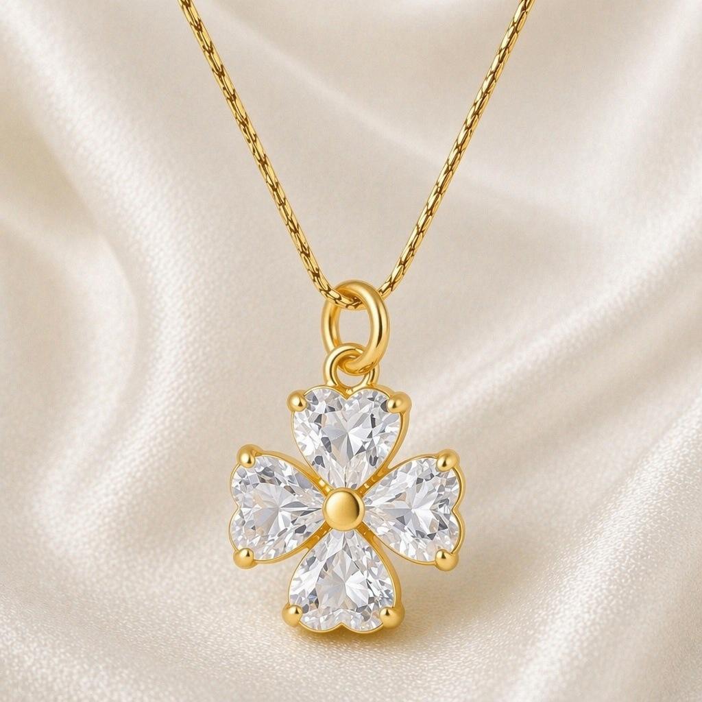 18K Gold-Plated Stainless Steel Pink & Purple Zircon Four-Leaf Clover Necklace Set
