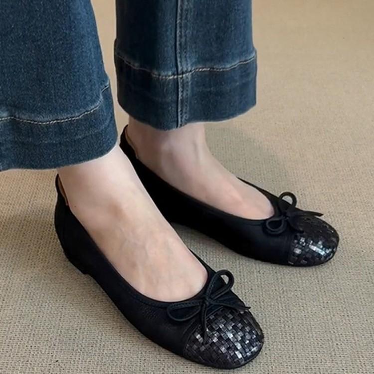 Sheepskin version~ French retro bow woven inner height-increasing ballet shoes women's fashion simple and versatile light mouth single shoes