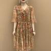 Women's Floral Print Chiffon Midi Dress V Neck Tie Front Ruffle Half Sleeve Loose Fit Casual Dress