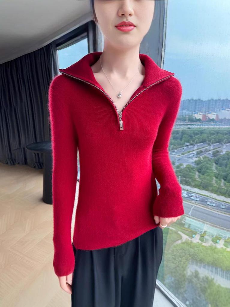 2025 Autumn/Winter Women's Slim Fit Striped Half-Zip Lapel Wool Knit Sweater